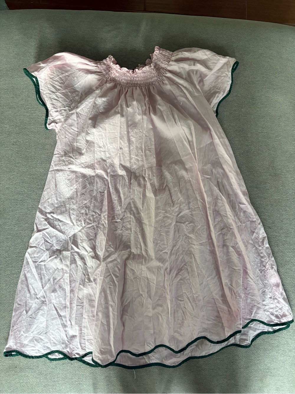 LAKE Patio Pink Smocked-Neck dress with Green Trim